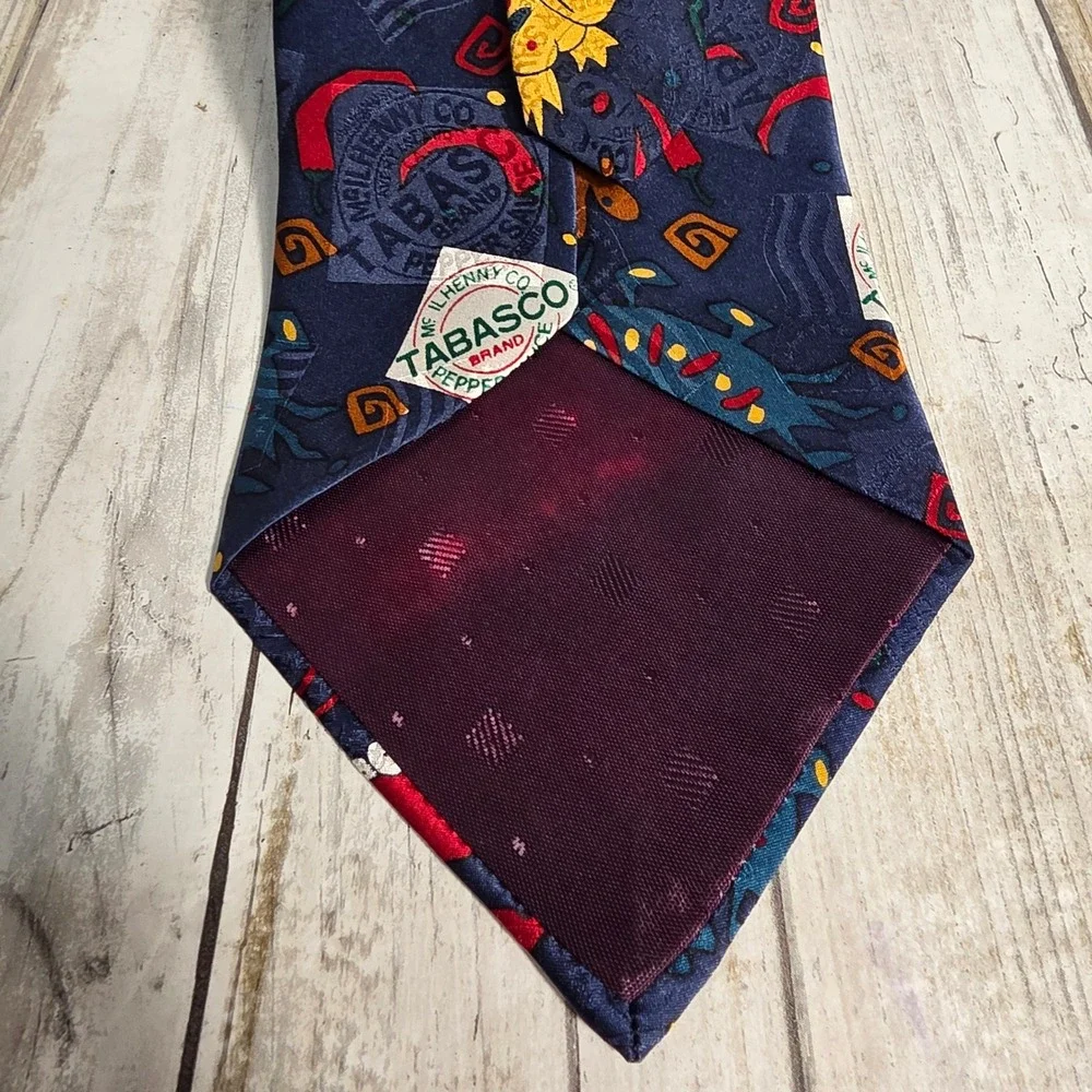 Tabasco Mens Silk Necktie Navy Blue Seafood Fish Shrimp Hot Sauce Novelty Tie